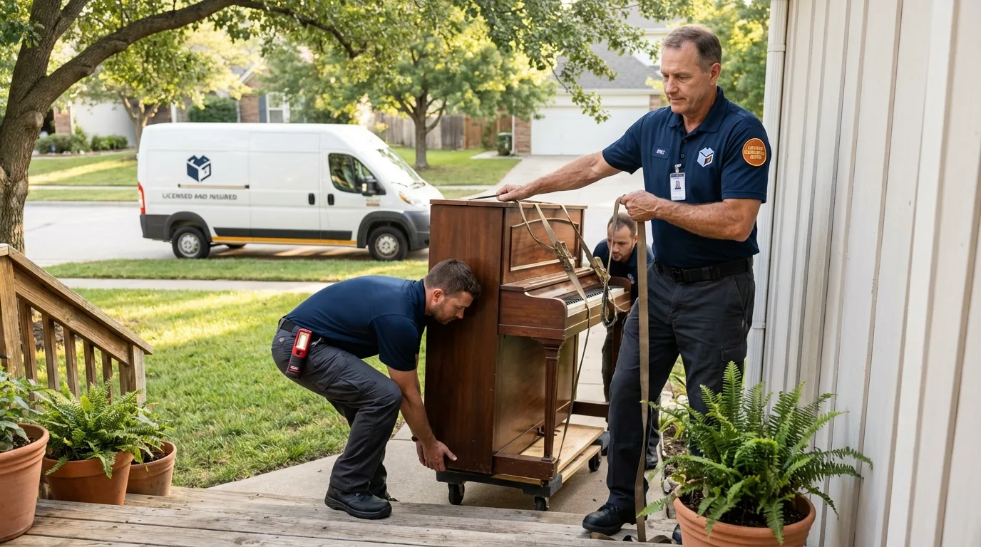 Licensed piano movers securing grand piano in Dover, DE