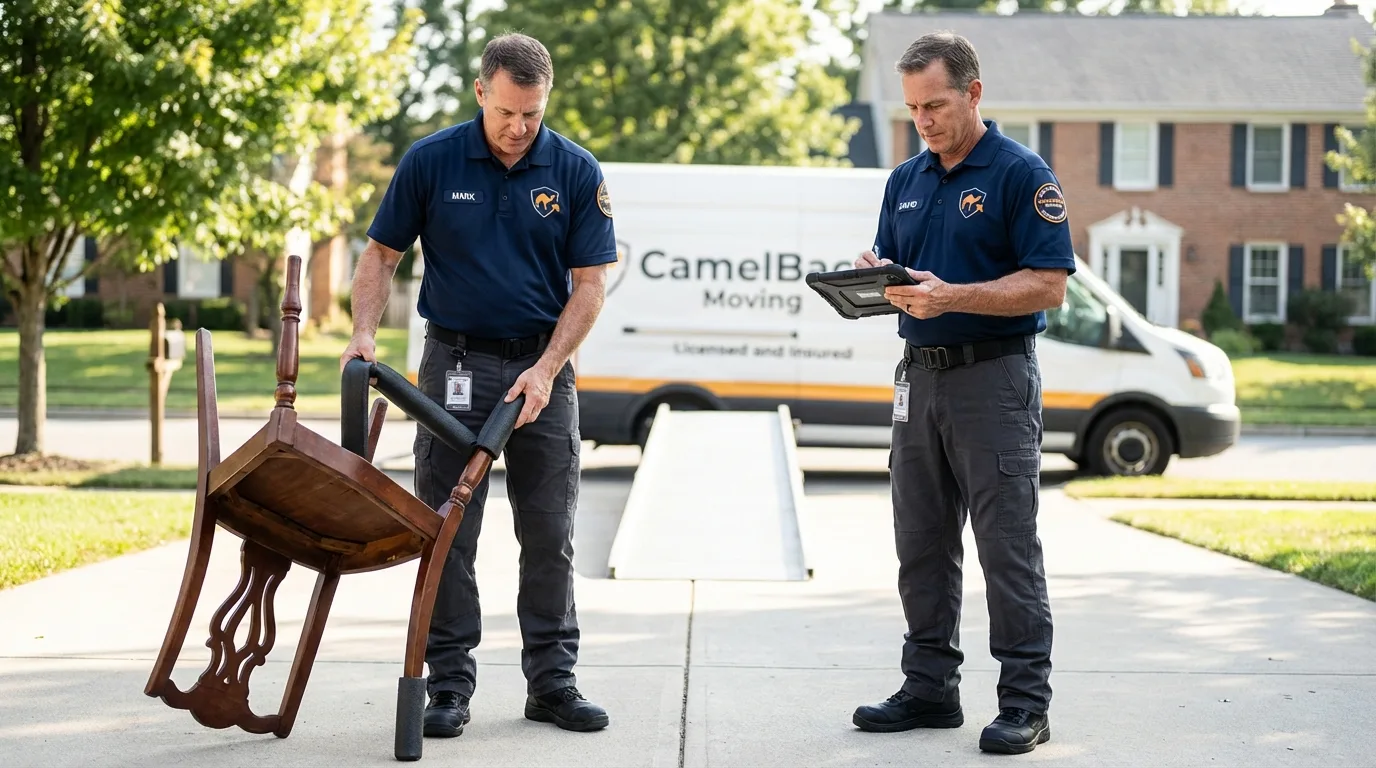 Movers inspecting furniture for damage prevention before loading in Dover, DE