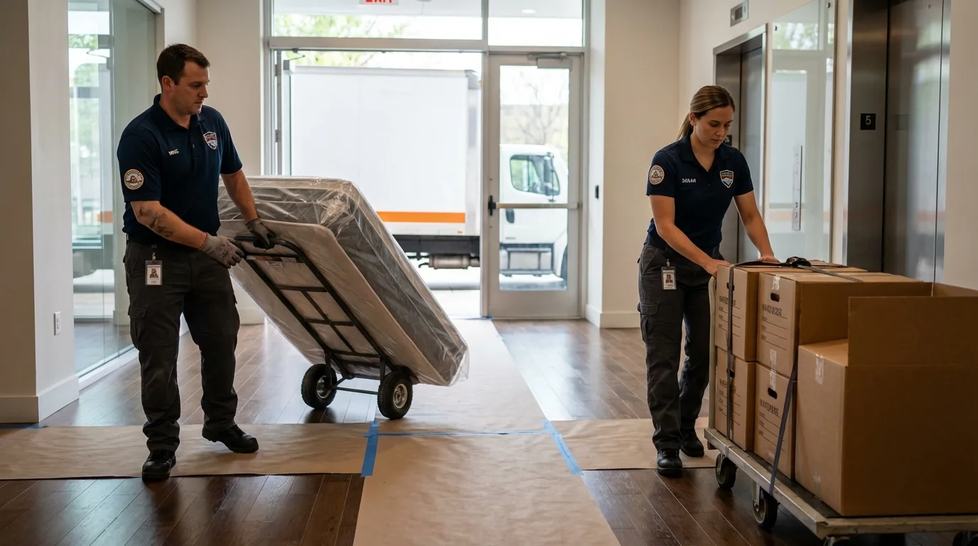 Professional apartment movers loading elevator in Dover, DE